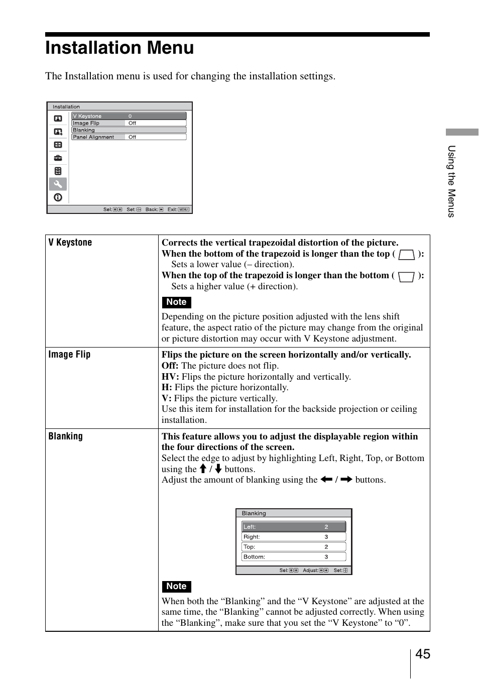 Installation menu | Sony VPL-HW40ES User Manual | Page 45 / 79