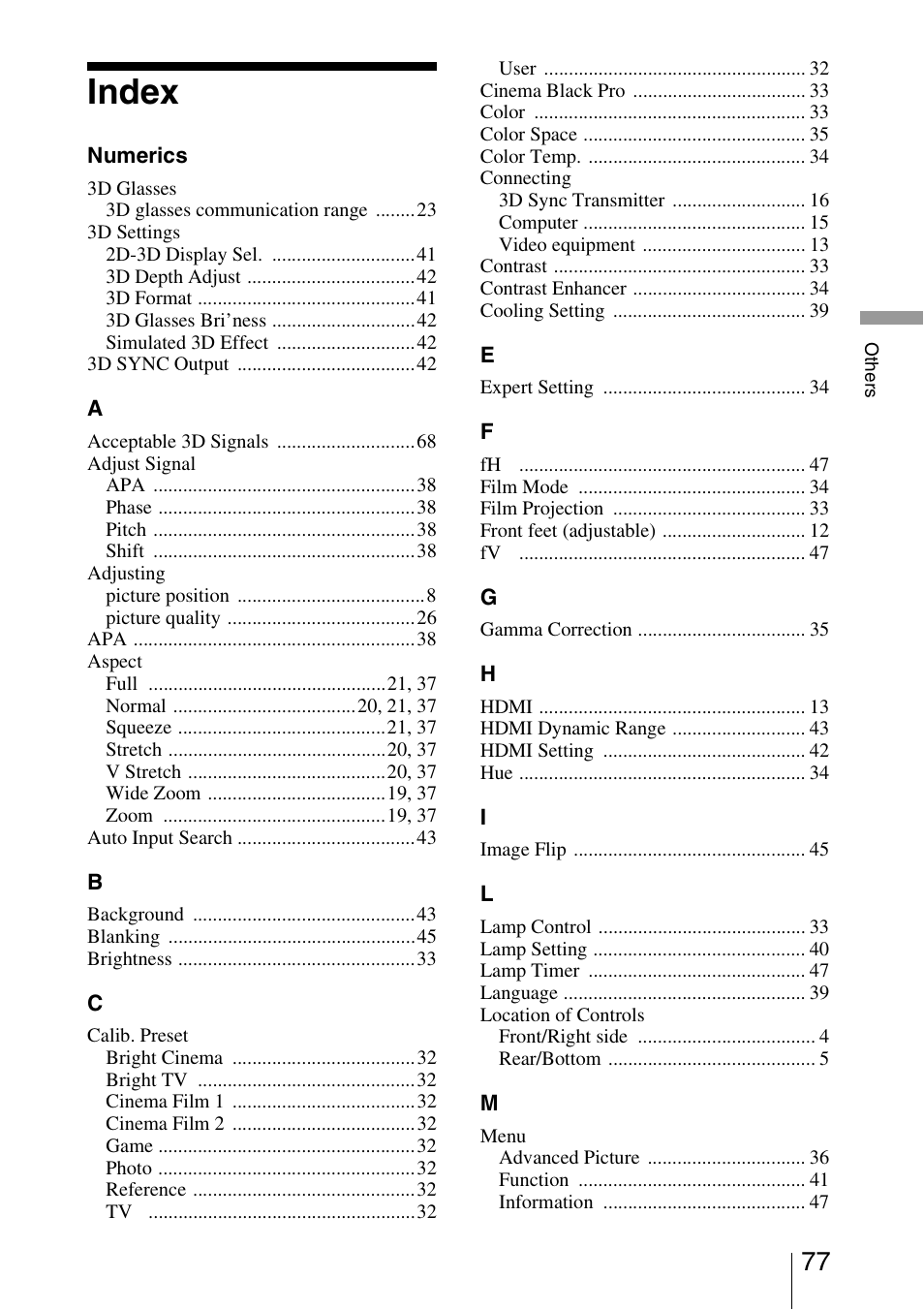 Index | Sony VPL-HW40ES User Manual | Page 77 / 79