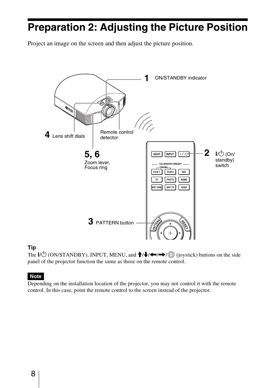 Preparation 2: adjusting the picture position | Sony VPL-HW40ES User Manual | Page 8 / 79