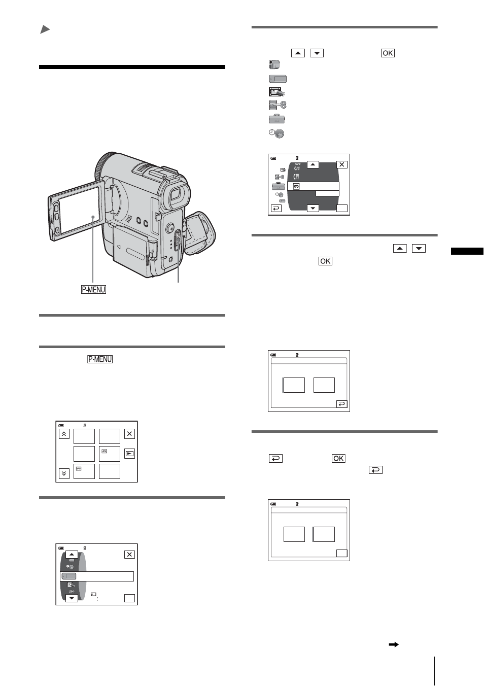 Using the menu, Selecting menu items, Advanced operations | P. 63) | Sony DCR-PC350 User Manual | Page 63 / 152