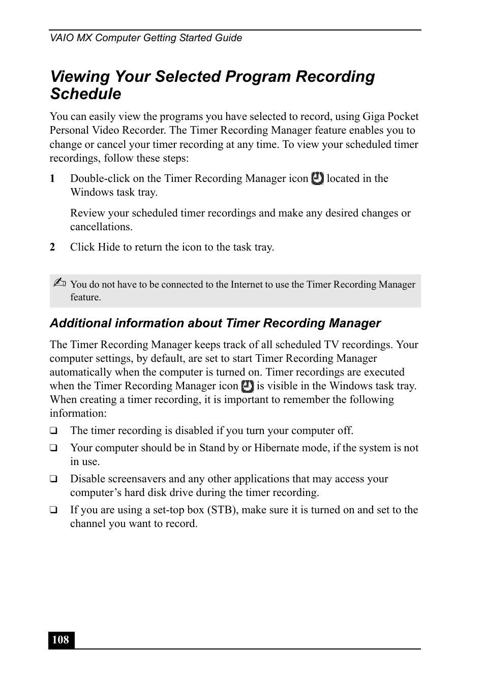 Viewing your selected program recording schedule | Sony PCV-MXS20 User Manual | Page 108 / 113