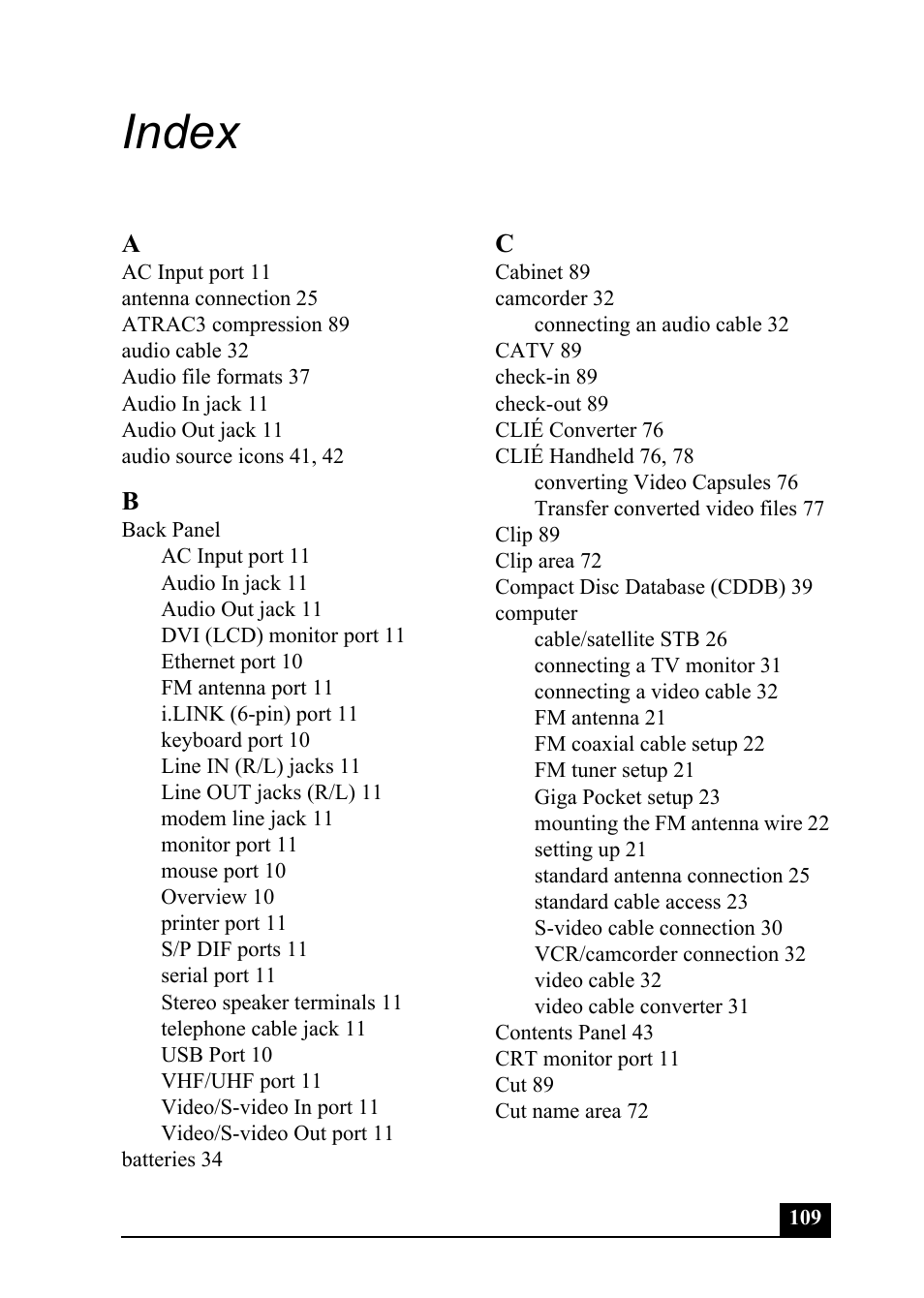 Index | Sony PCV-MXS20 User Manual | Page 109 / 113