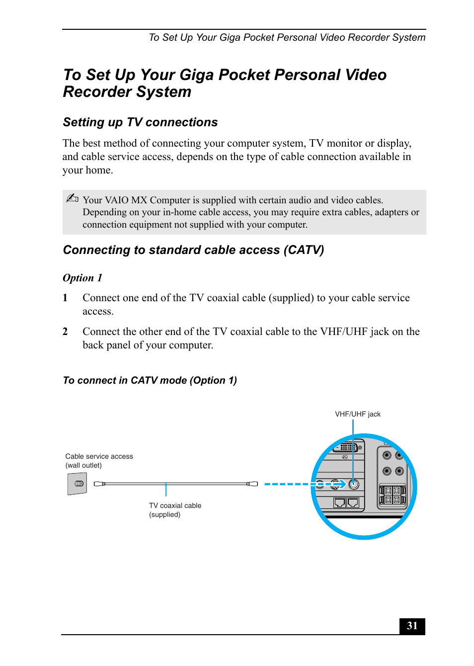 Setting up tv connections, Connecting to standard cable access (catv) | Sony PCV-MXS20 User Manual | Page 31 / 113