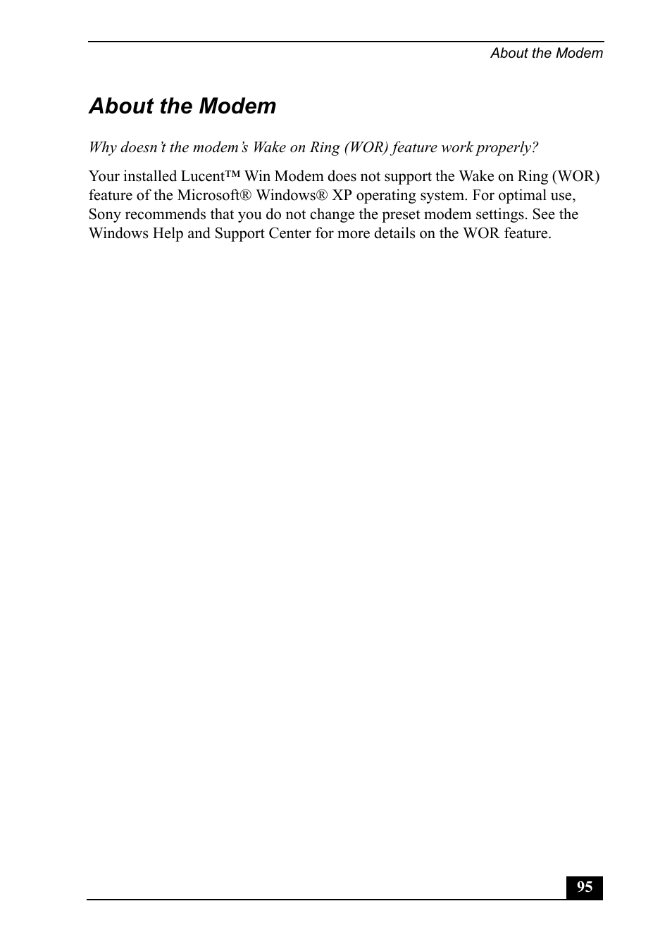 About the modem | Sony PCV-MXS20 User Manual | Page 95 / 113