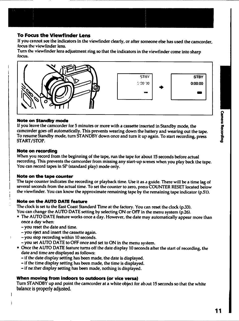 To focus the viewfinder lens | Sony CCD-TR400 User Manual | Page 11 / 55