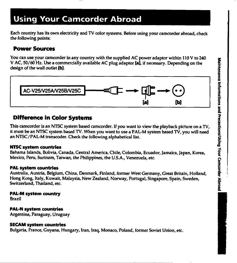 Using your camcorder abroad, Power sources, Difference in coior systems | Ntsc system countries, Pal system countries, Pal'm system country, Pal'n system countries, Secam system countries | Sony CCD-TR400 User Manual | Page 41 / 55