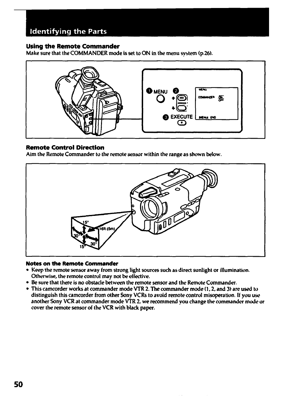 Using the remote commander, Remote control direction, Notes on the remote commander | Identifying the parts | Sony CCD-TR400 User Manual | Page 50 / 55