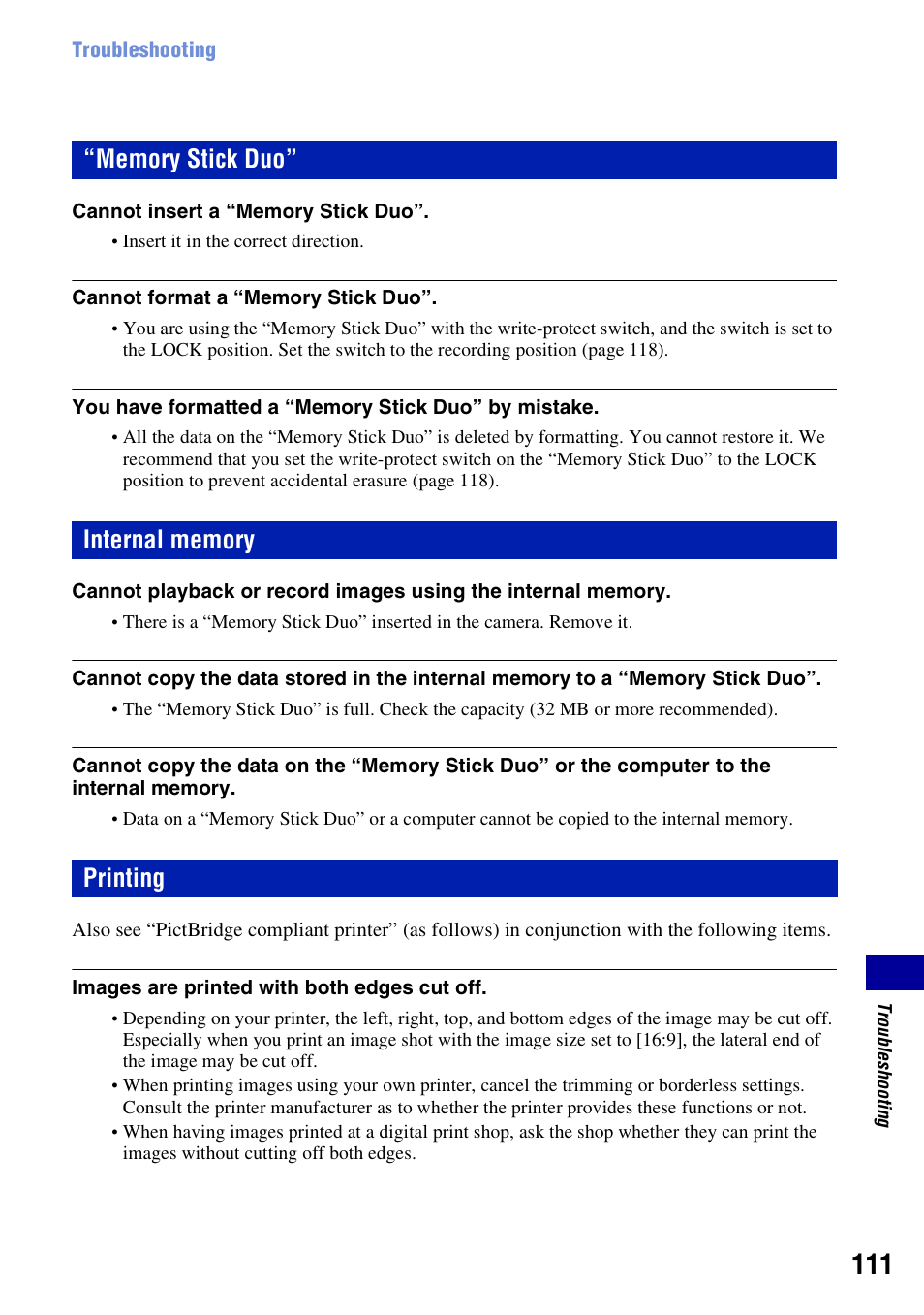 Memory stick duo, Internal memory, Printing | Sony DSC-W200 User Manual | Page 111 / 126