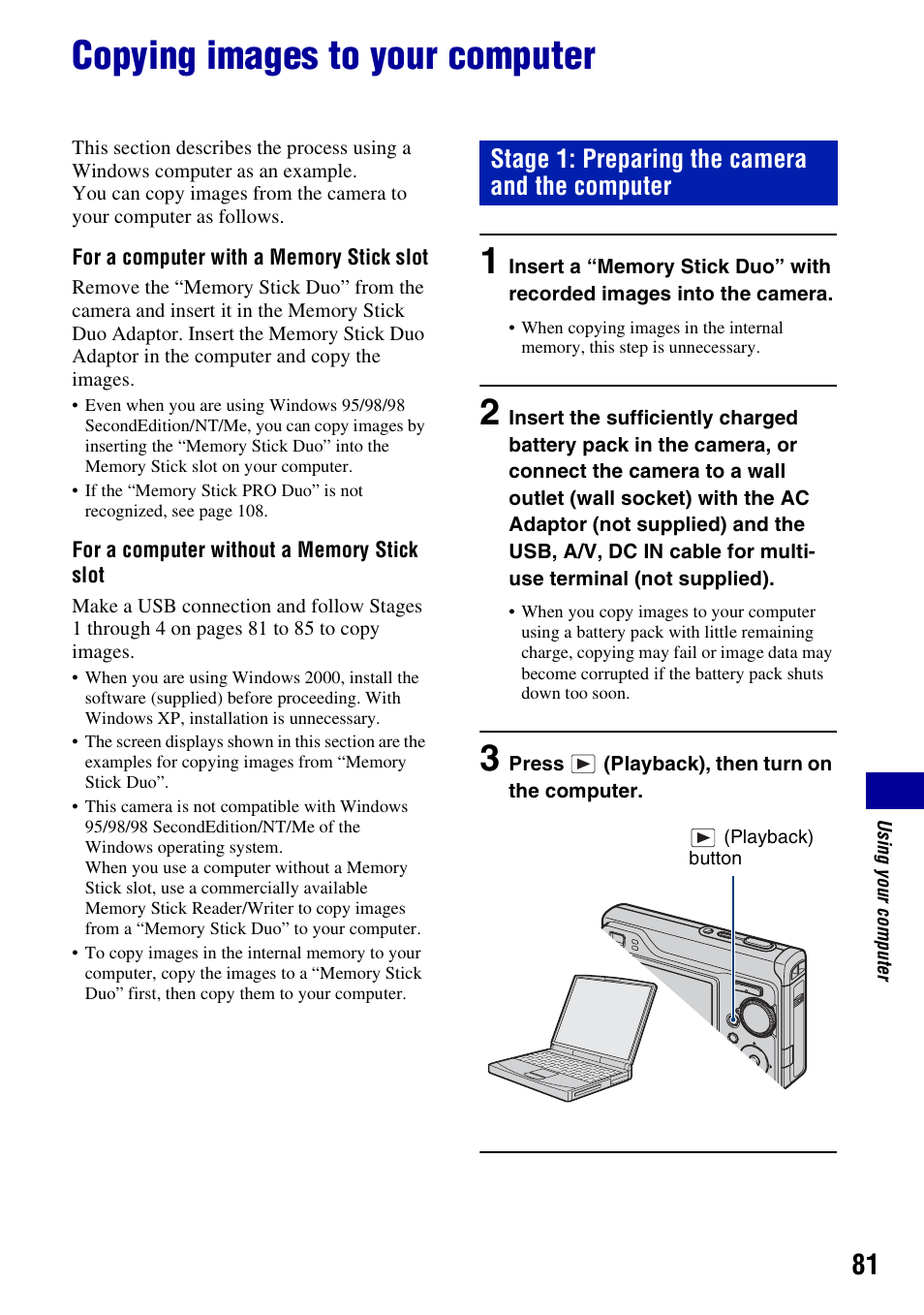 Copying images to your computer, Stage 1: preparing the camera and the computer | Sony DSC-W200 User Manual | Page 81 / 126