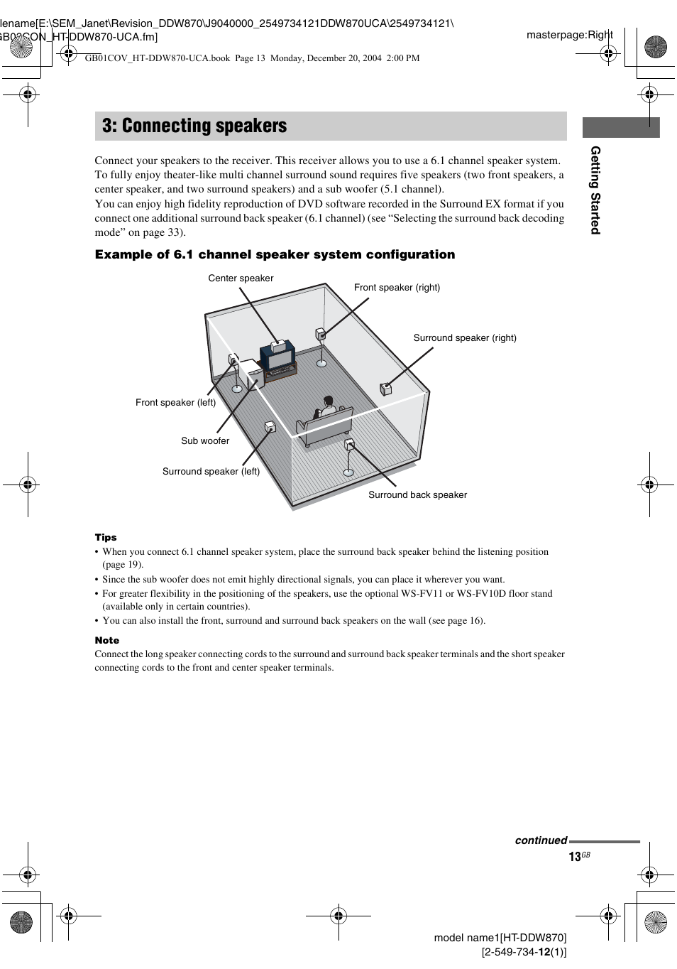 Connecting speakers | Sony HT-DDW870 User Manual | Page 13 / 60