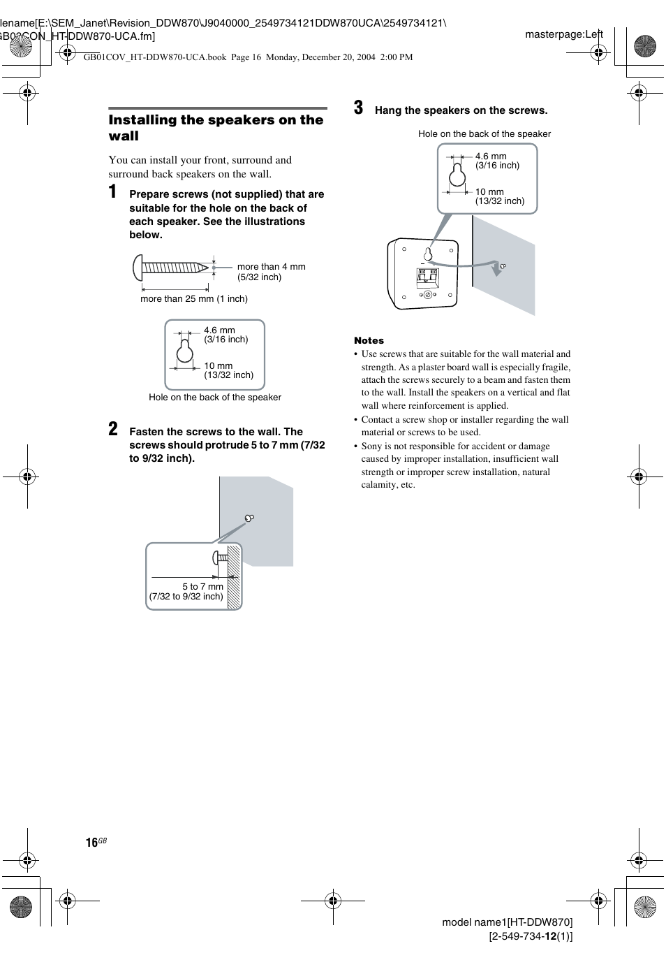 Installing the speakers on the wall | Sony HT-DDW870 User Manual | Page 16 / 60