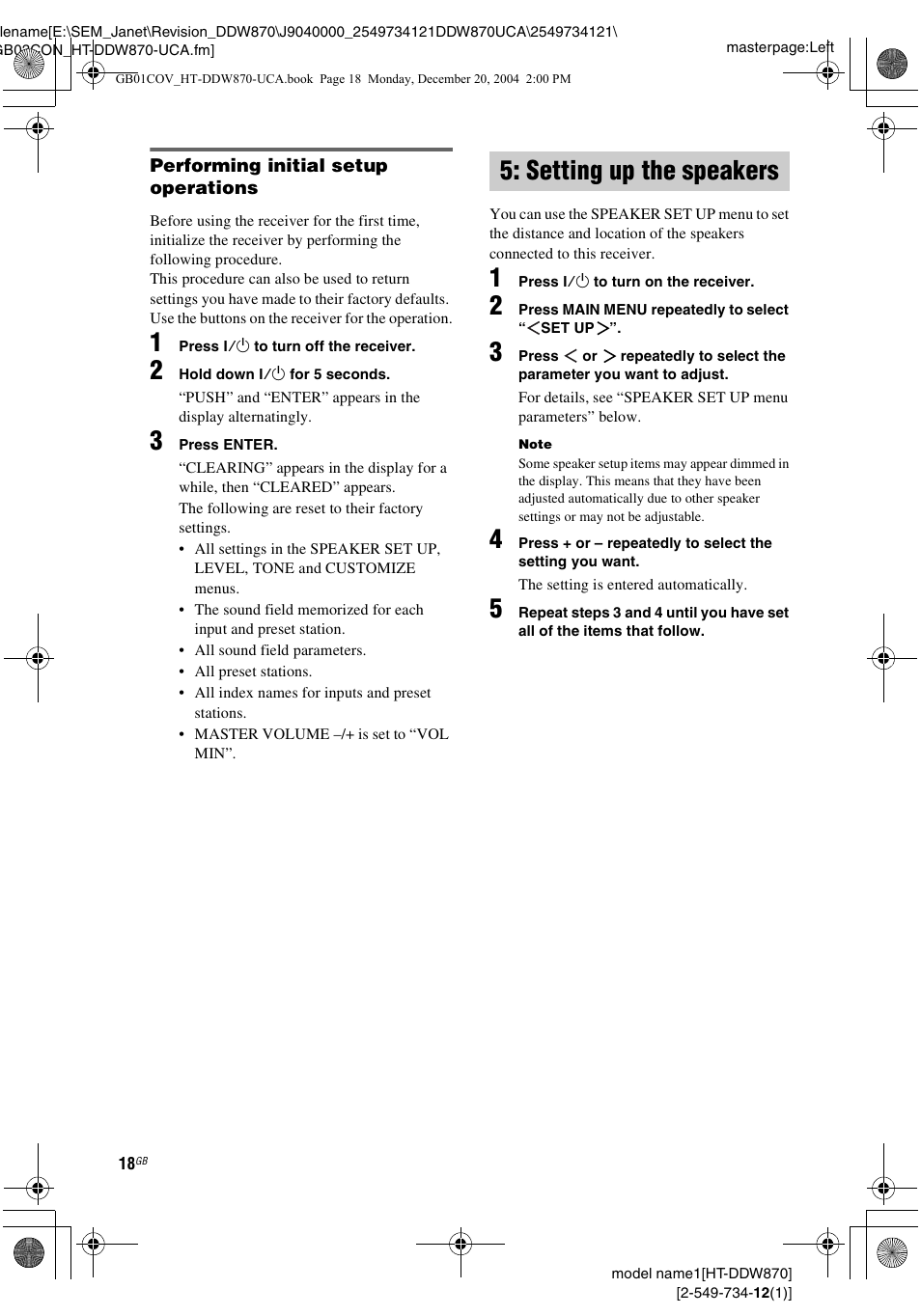 Setting up the speakers | Sony HT-DDW870 User Manual | Page 18 / 60