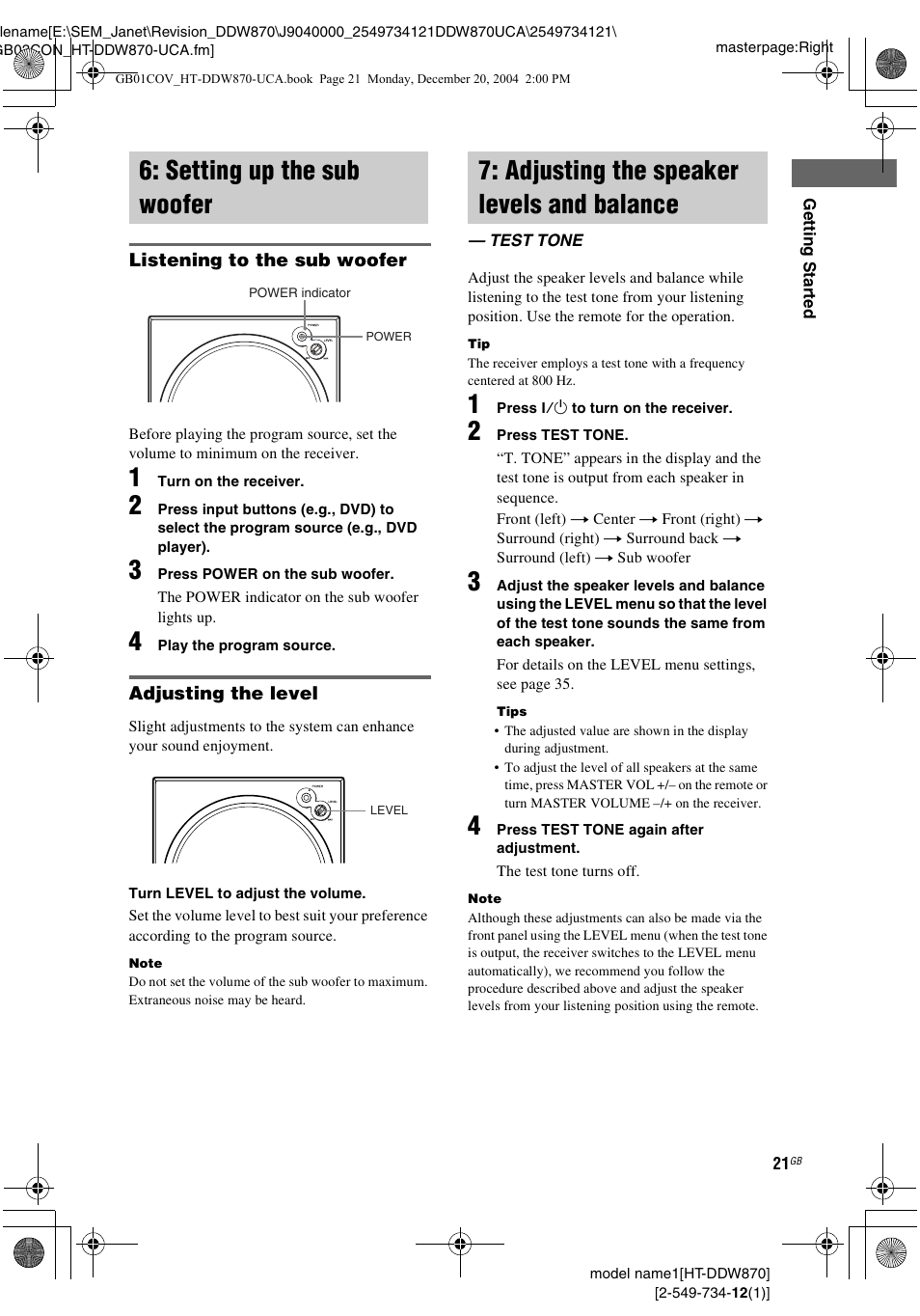 Setting up the sub woofer, Adjusting the speaker levels and balance, Test tone | Balance — test tone | Sony HT-DDW870 User Manual | Page 21 / 60