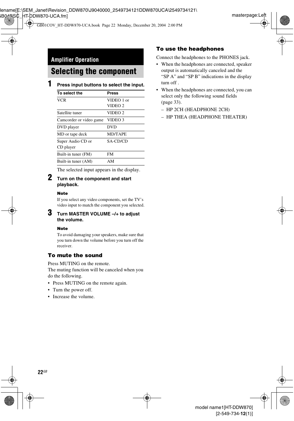 Amplifier operation, Selecting the component | Sony HT-DDW870 User Manual | Page 22 / 60