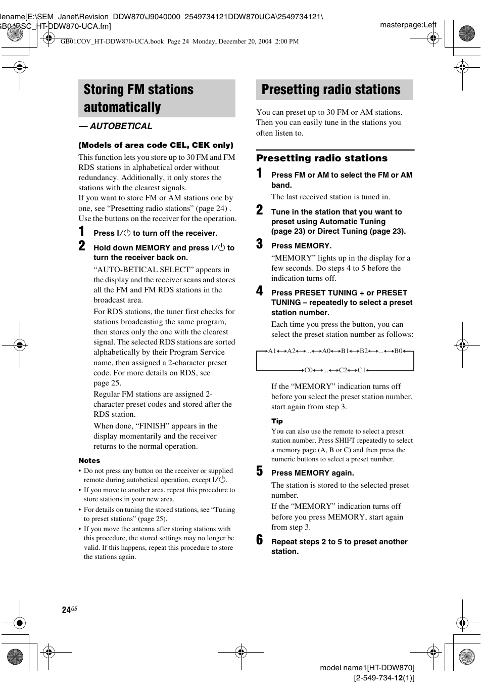 Storing fm stations automatically, Autobetical, Presetting radio stations | Autobetical (models of area code cel, cek only) | Sony HT-DDW870 User Manual | Page 24 / 60