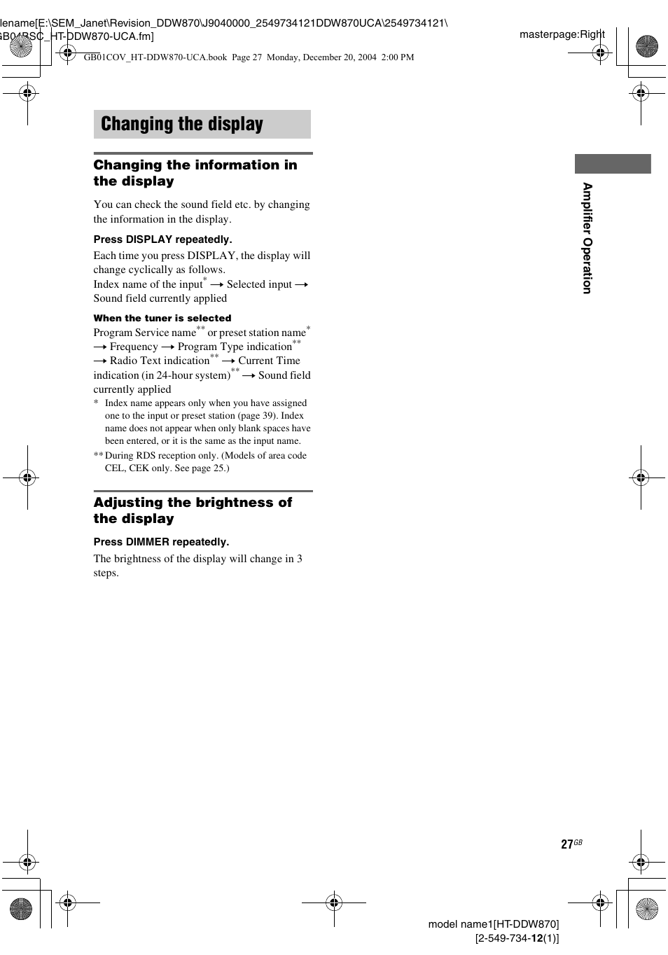 Changing the display, Changing the information in the display, Adjusting the brightness of the display | Sony HT-DDW870 User Manual | Page 27 / 60