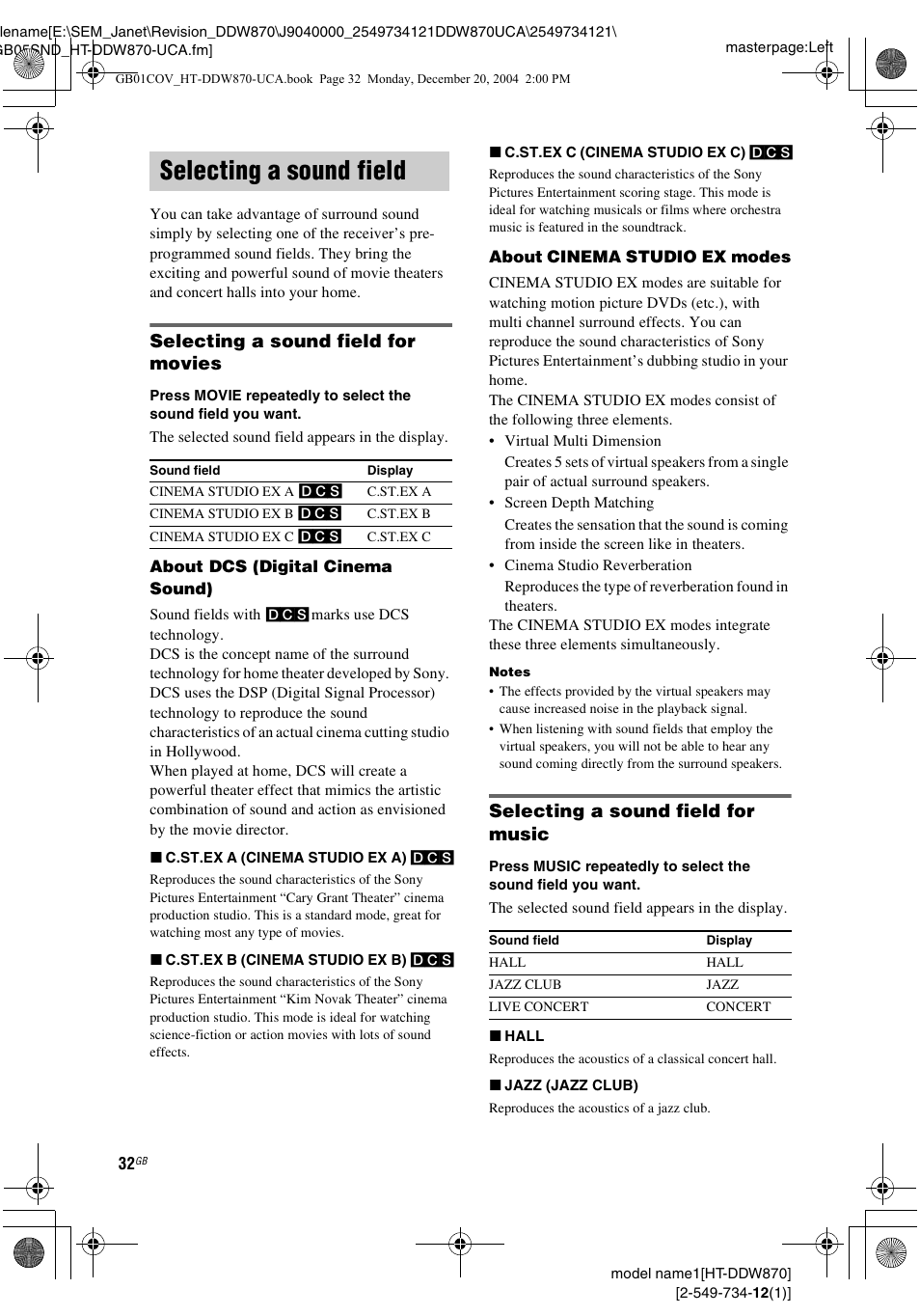 Selecting a sound field, Selecting a sound field for movies, Selecting a sound field for music | Sony HT-DDW870 User Manual | Page 32 / 60