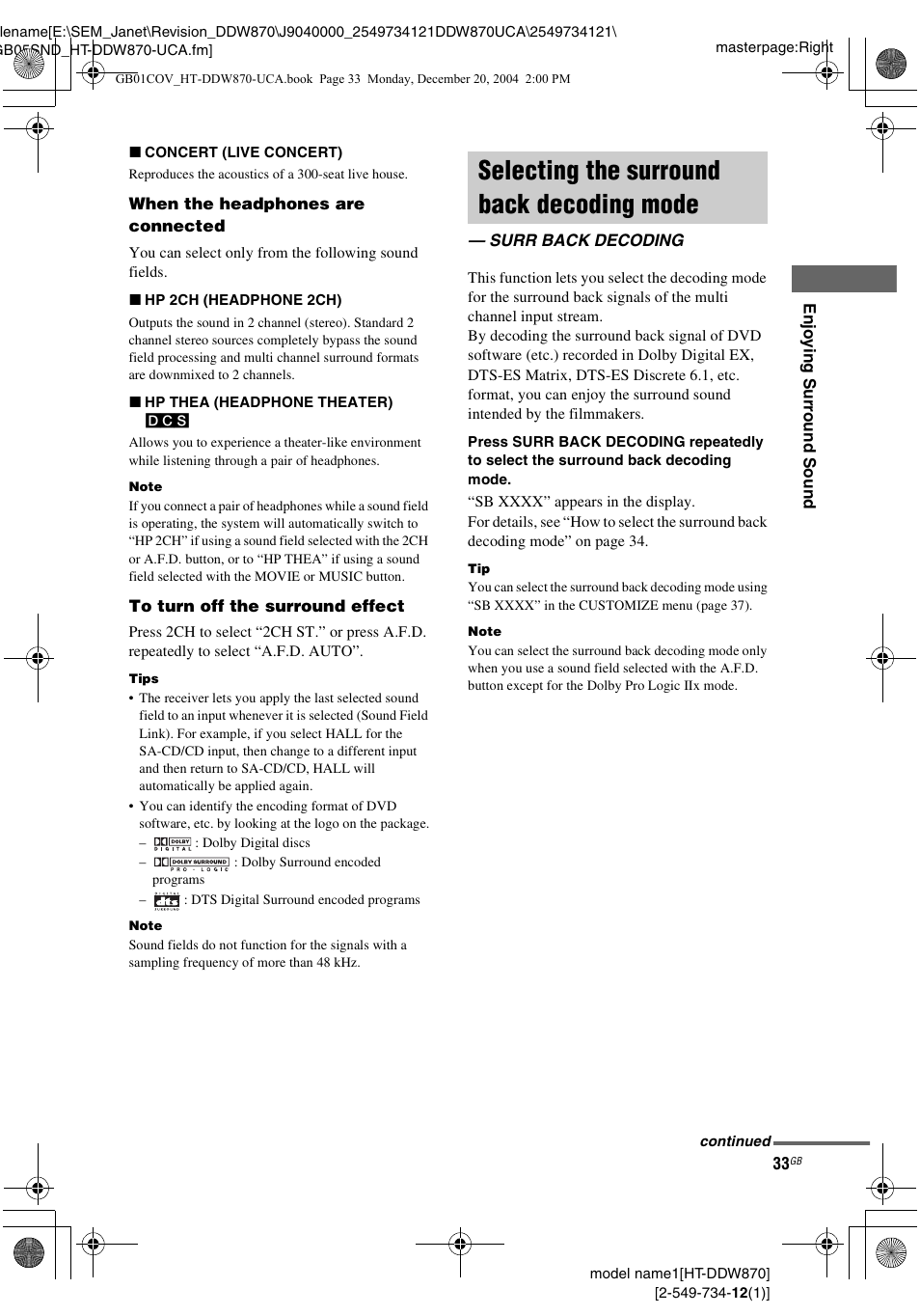 Selecting the surround back decoding mode, Surr back decoding, Selecting the surround back decoding | Mode — surr back decoding | Sony HT-DDW870 User Manual | Page 33 / 60