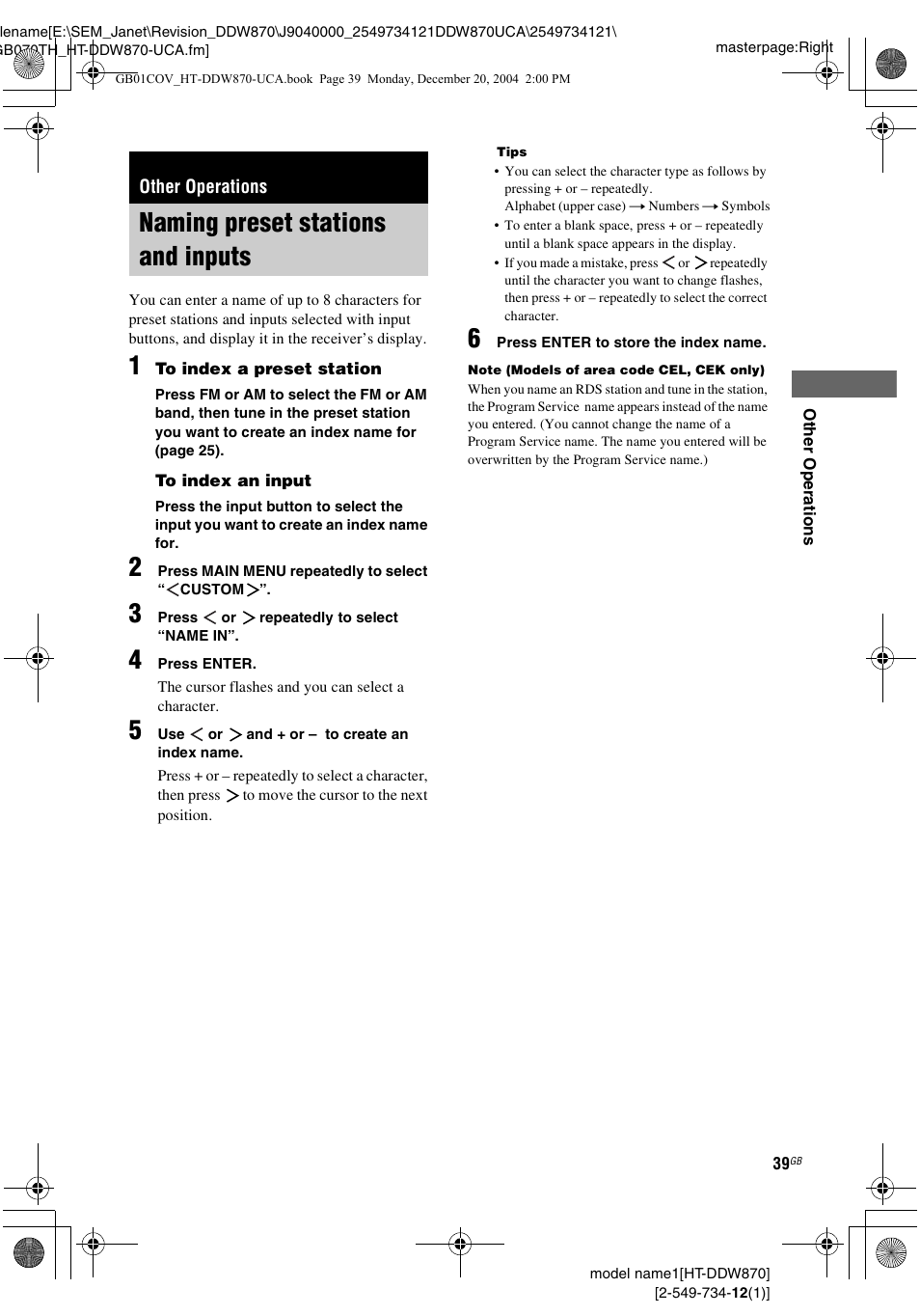 Other operations, Naming preset stations and inputs | Sony HT-DDW870 User Manual | Page 39 / 60