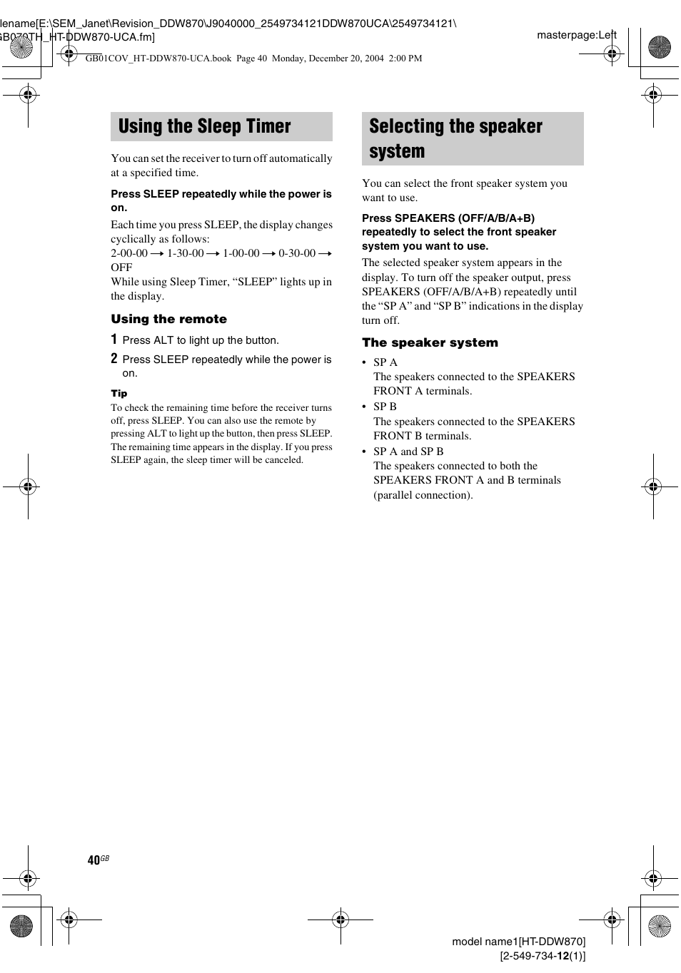 Using the sleep timer, Selecting the speaker system, Using the sleep timer selecting the speaker system | Sony HT-DDW870 User Manual | Page 40 / 60
