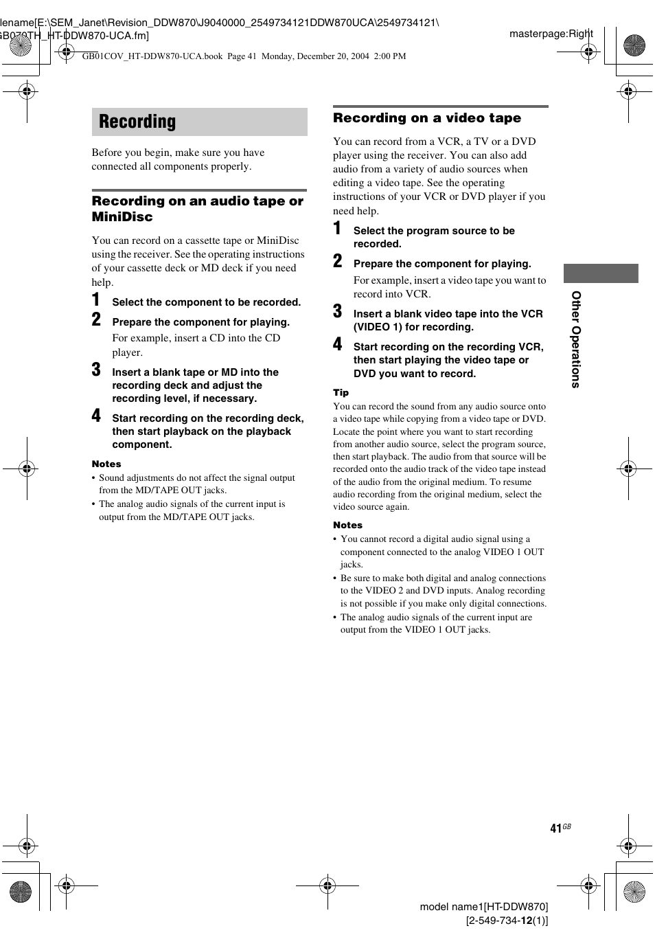 Recording | Sony HT-DDW870 User Manual | Page 41 / 60