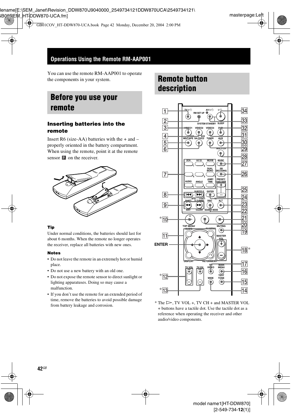 Operations using the remote rm-aap001, Before you use your remote, Remote button description | Ql wg wh wj wk e; ea es ed ef qj qk, Qf qg qh w; wa ws wd wf wl, Inserting batteries into the remote | Sony HT-DDW870 User Manual | Page 42 / 60