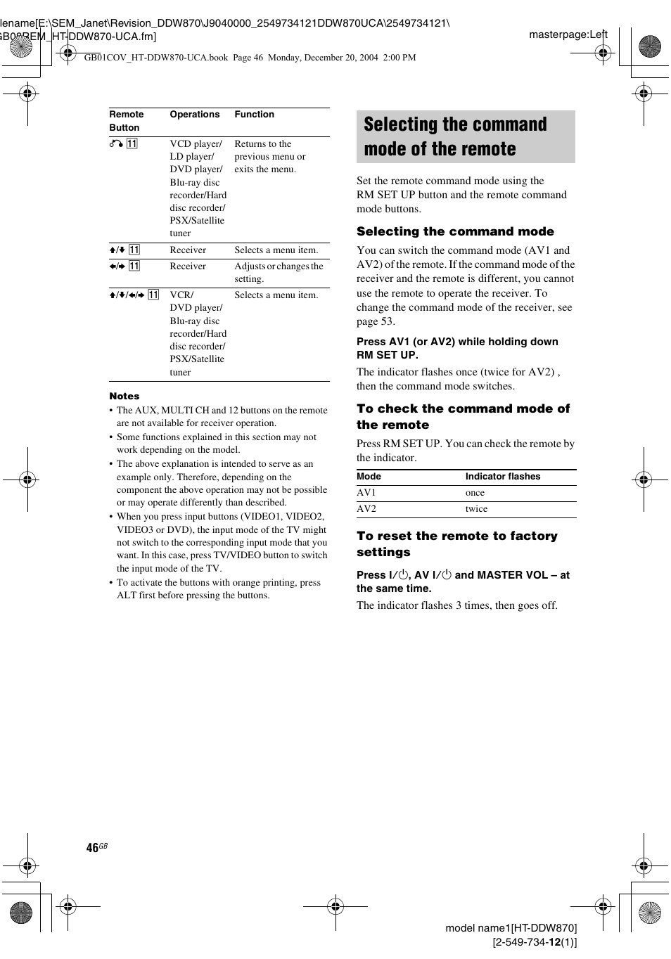 Selecting the command mode of the remote, Selecting the command mode of, The remote | Sony HT-DDW870 User Manual | Page 46 / 60