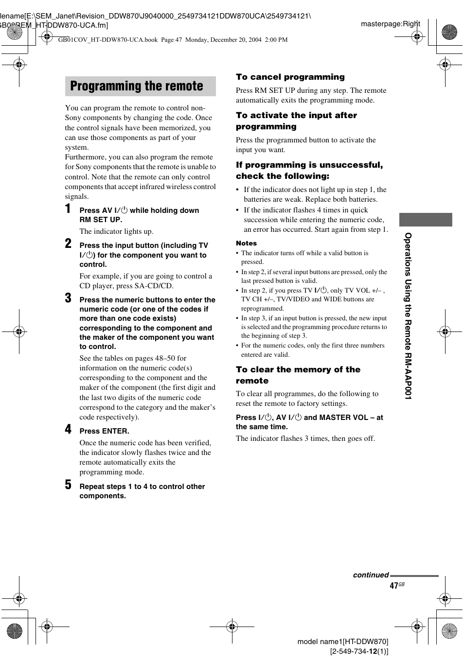 Programming the remote | Sony HT-DDW870 User Manual | Page 47 / 60