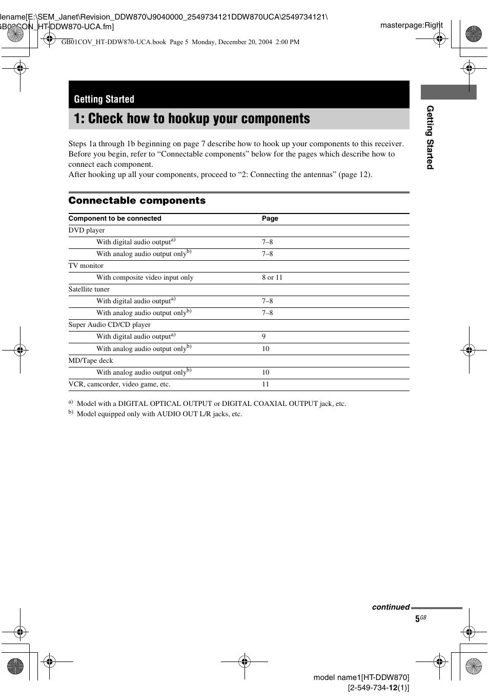Getting started, Check how to hookup your components, Check how to hookup your | Components, Connectable components | Sony HT-DDW870 User Manual | Page 5 / 60