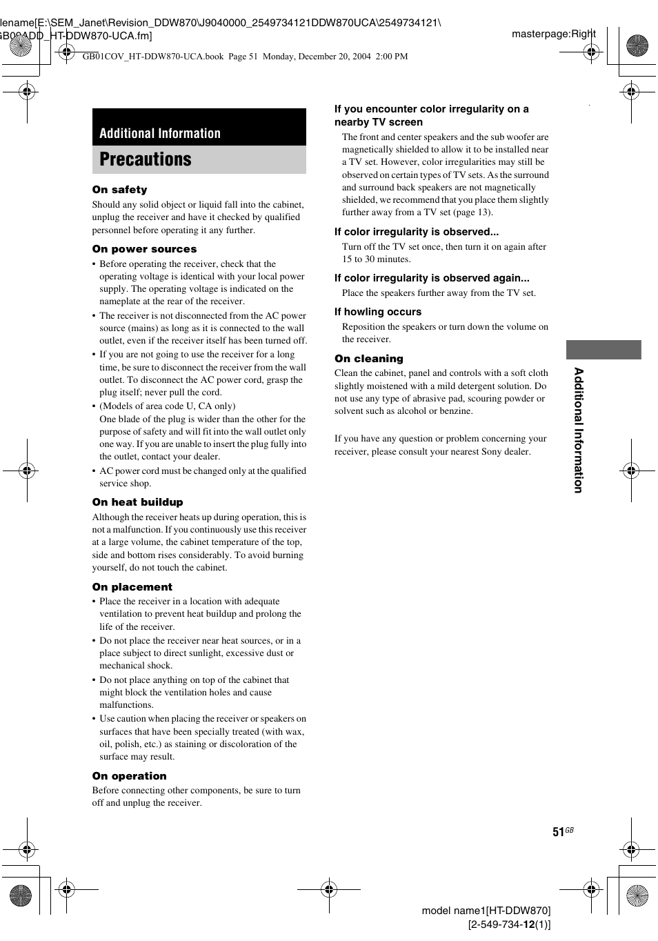 Additional information, Precautions | Sony HT-DDW870 User Manual | Page 51 / 60