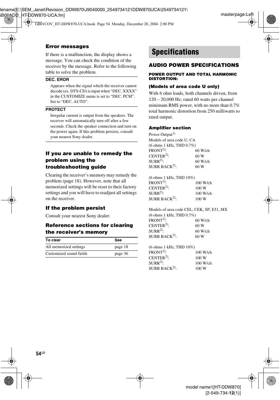 Specifications | Sony HT-DDW870 User Manual | Page 54 / 60