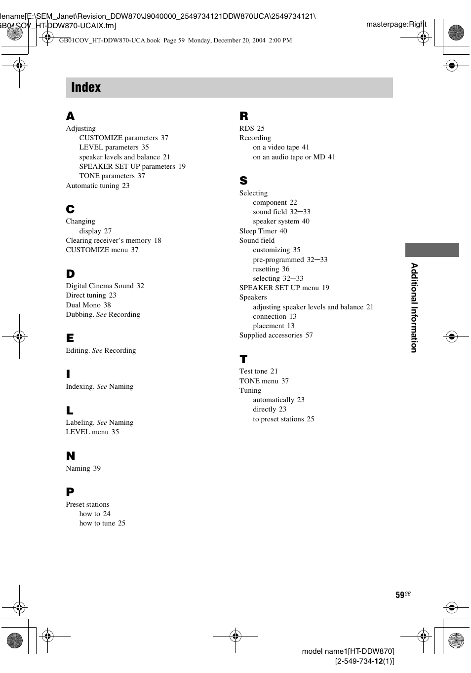 Index | Sony HT-DDW870 User Manual | Page 59 / 60