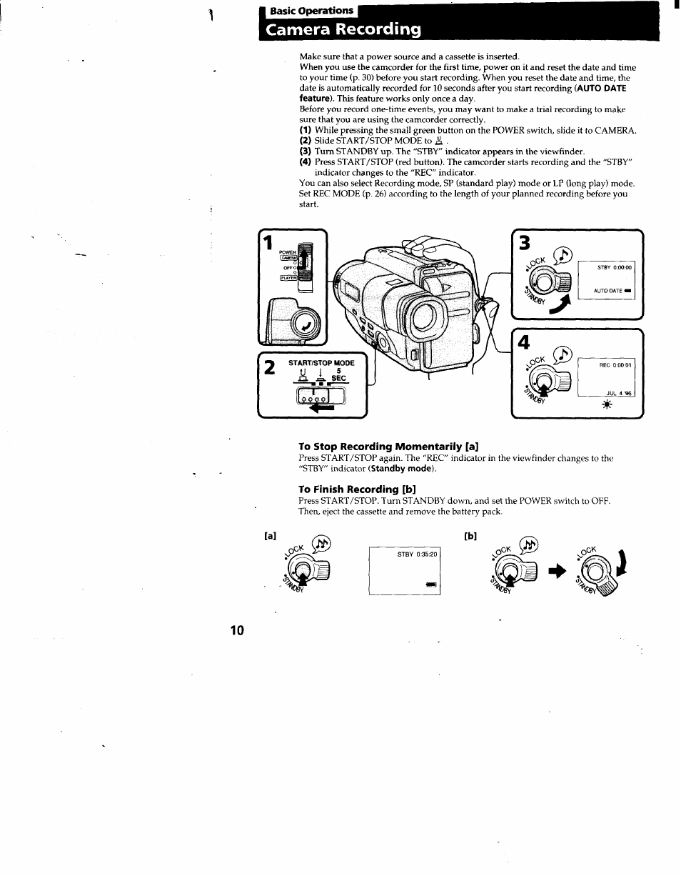 Basic operations, Camera recording, To stop recording momentarily [a | To finish recording [b | Sony CCD-TR66 User Manual | Page 10 / 51