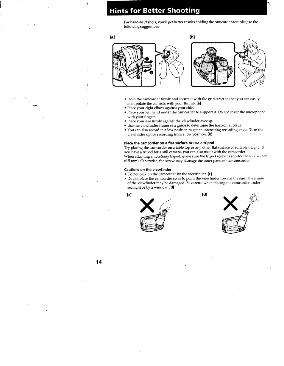Hints for better shooting, Cautions on the viewfinder | Sony CCD-TR66 User Manual | Page 14 / 51