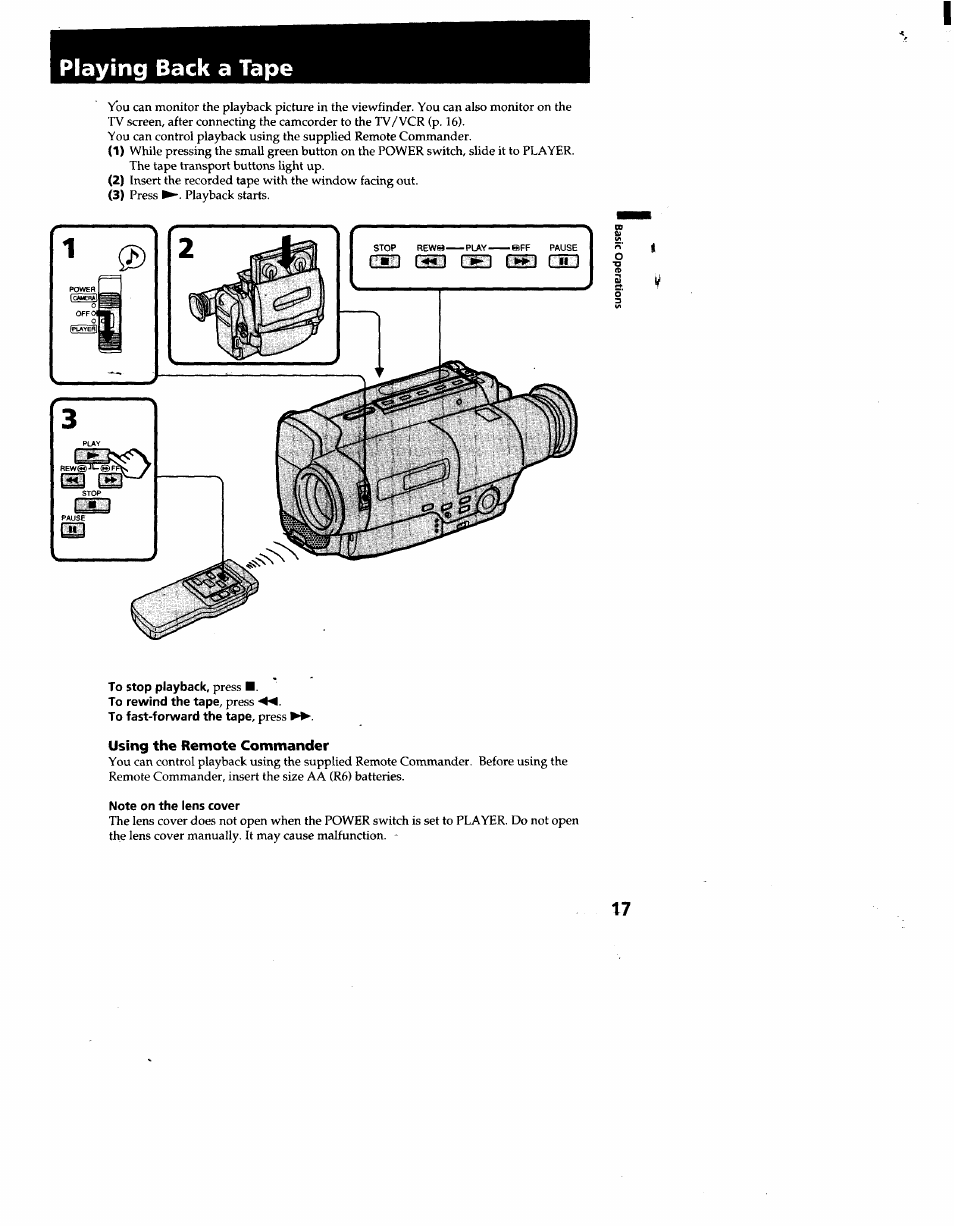 Playing back a tape, To stop playback, press, Using the remote commander | Note on the lens cover, Stop rew, Ff pause lu pst) ntn nsn lu | Sony CCD-TR66 User Manual | Page 17 / 51
