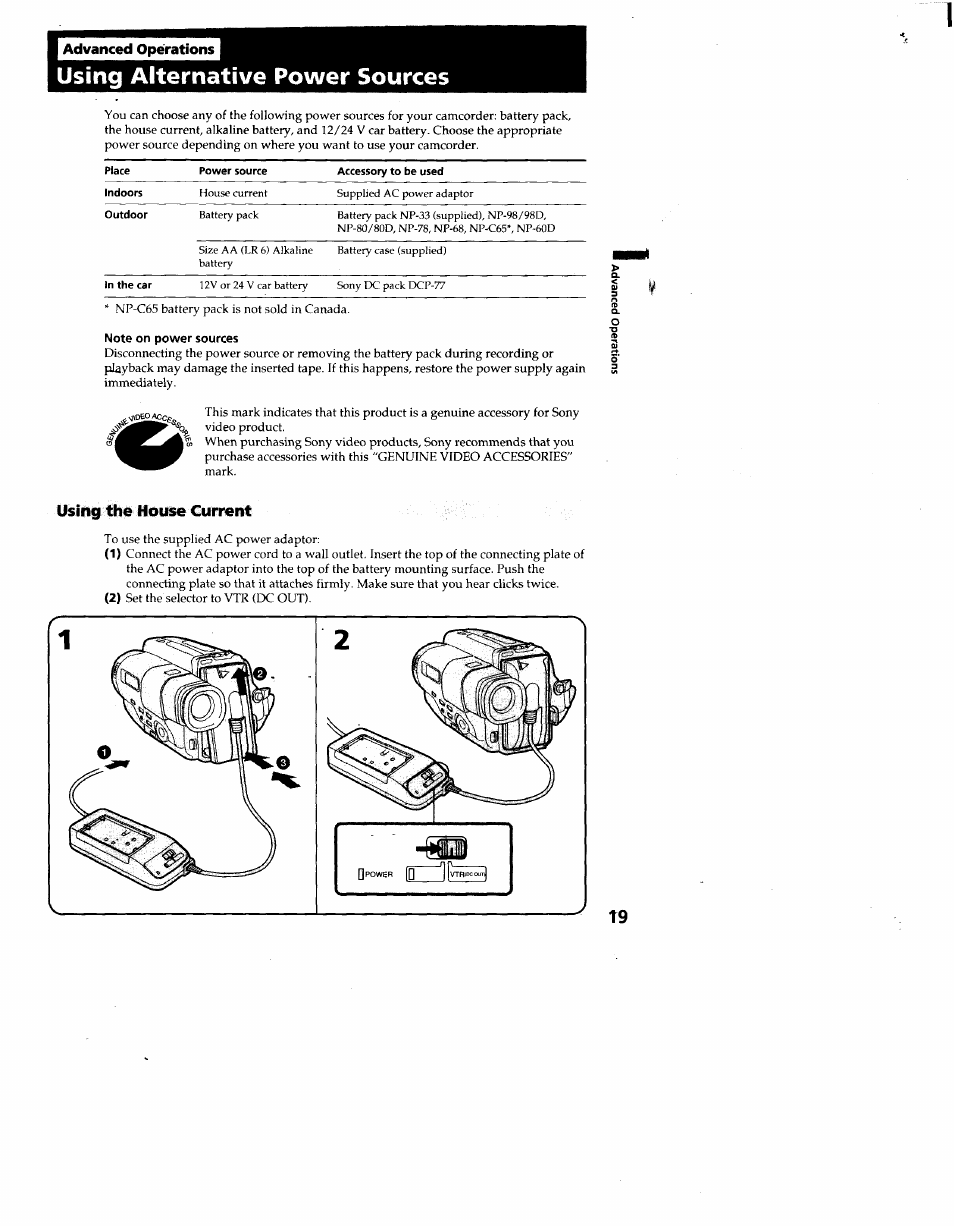 I advanced operations, Using alternative power sources, Note on power sources | Using the house current | Sony CCD-TR66 User Manual | Page 19 / 51