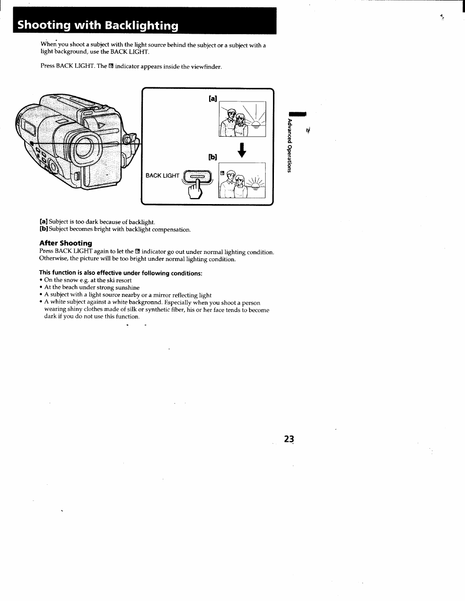 Shooting with backlighting, After shooting | Sony CCD-TR66 User Manual | Page 23 / 51