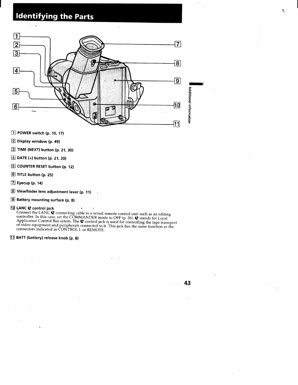 Identifying the parts | Sony CCD-TR66 User Manual | Page 43 / 51