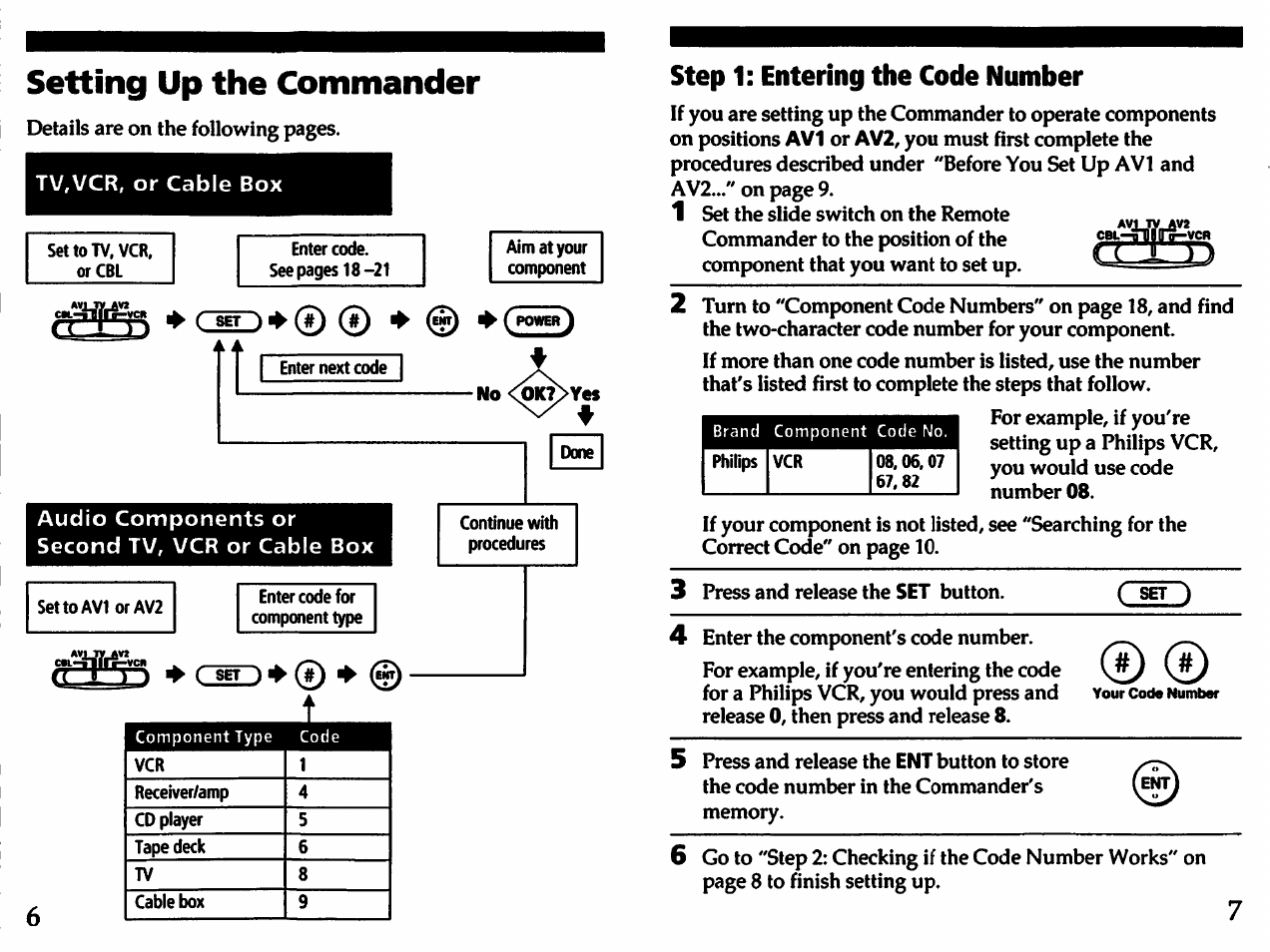 Setting up the commander, Step 1: entering the code number | Sony RM-V21 User Manual | Page 4 / 13