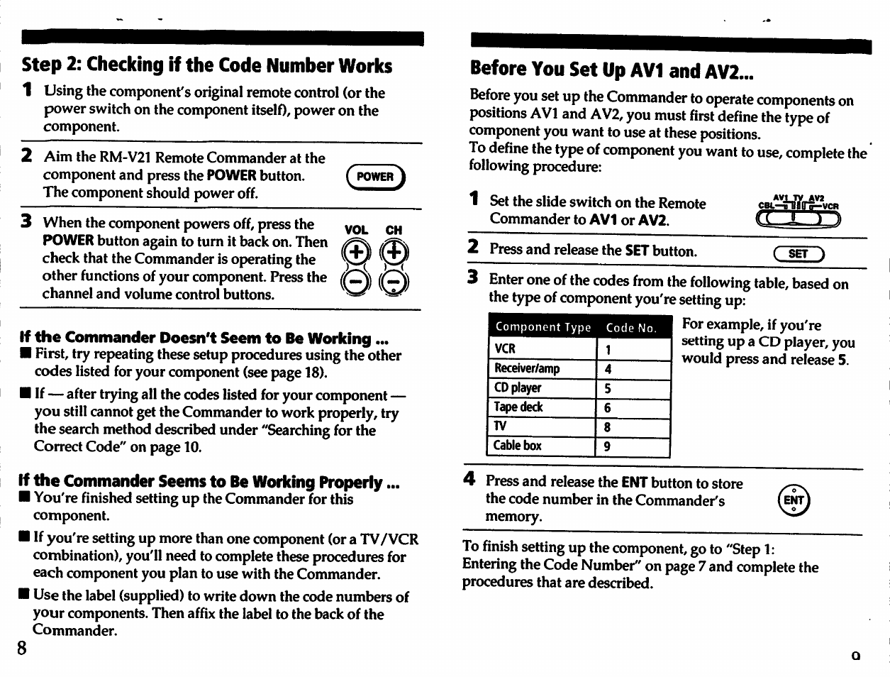 Step 2: checking if the code number works, If the commander doesn't seem to be working, If the commander seems to be working properly | Before you set up avi and av2 | Sony RM-V21 User Manual | Page 5 / 13