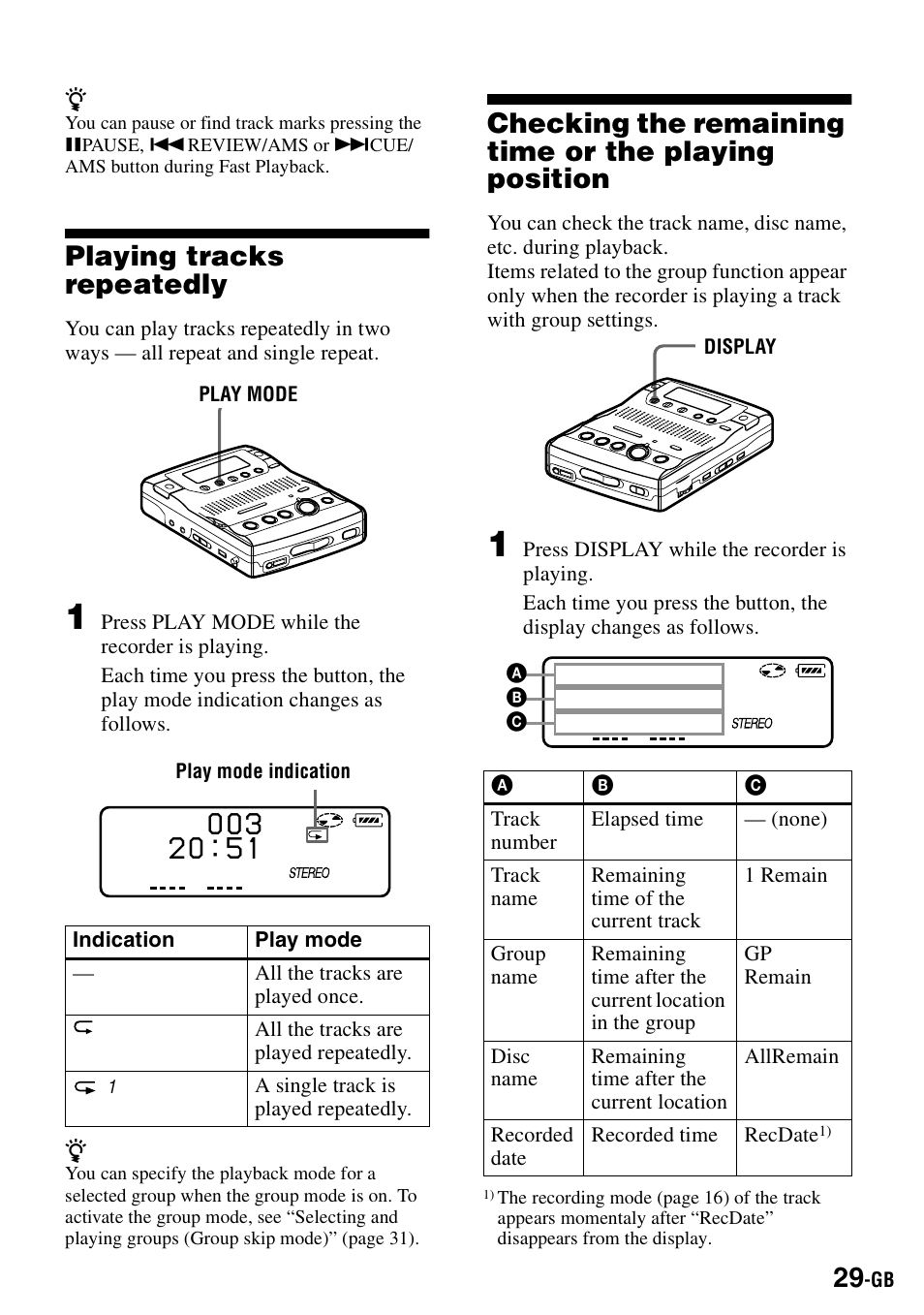 Playing tracks repeatedly, On (29) | Sony MZ-B100 User Manual | Page 29 / 164