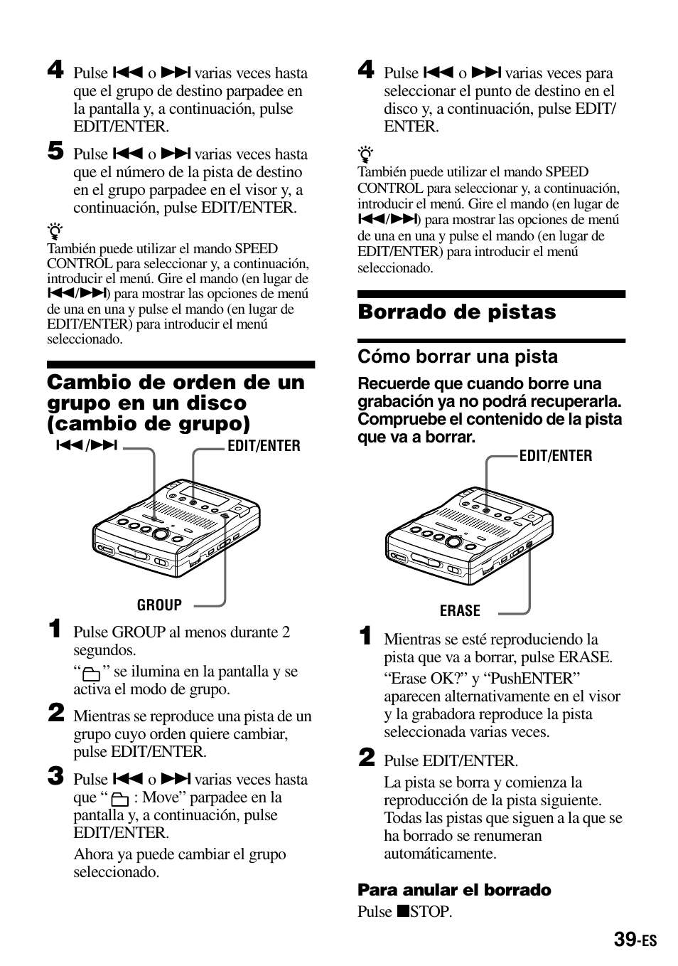 Borrado de pistas, Cómo borrar una pista | Sony MZ-B100 User Manual | Page 93 / 164
