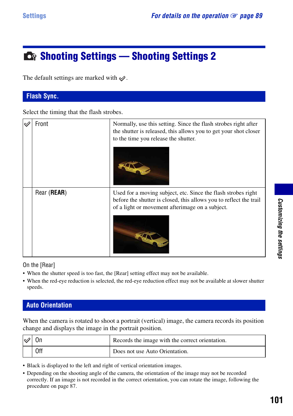 Shooting settings - shooting settings 2, Flash sync, Auto orientation | Shooting settings — shooting settings 2, O (101) | Sony DSC-H50 User Manual | Page 101 / 154