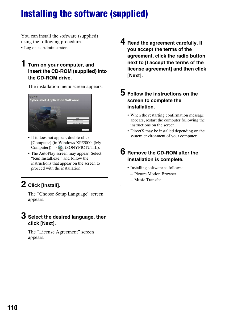 Installing the software (supplied) | Sony DSC-H50 User Manual | Page 110 / 154