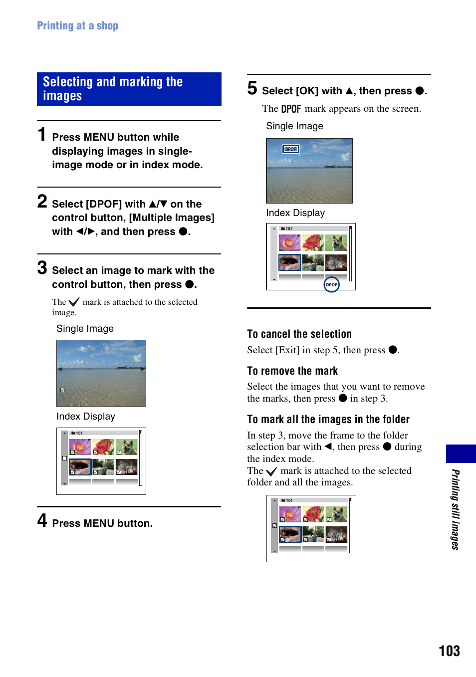 Selecting and marking the images | Sony DSC-W130 User Manual | Page 103 / 128