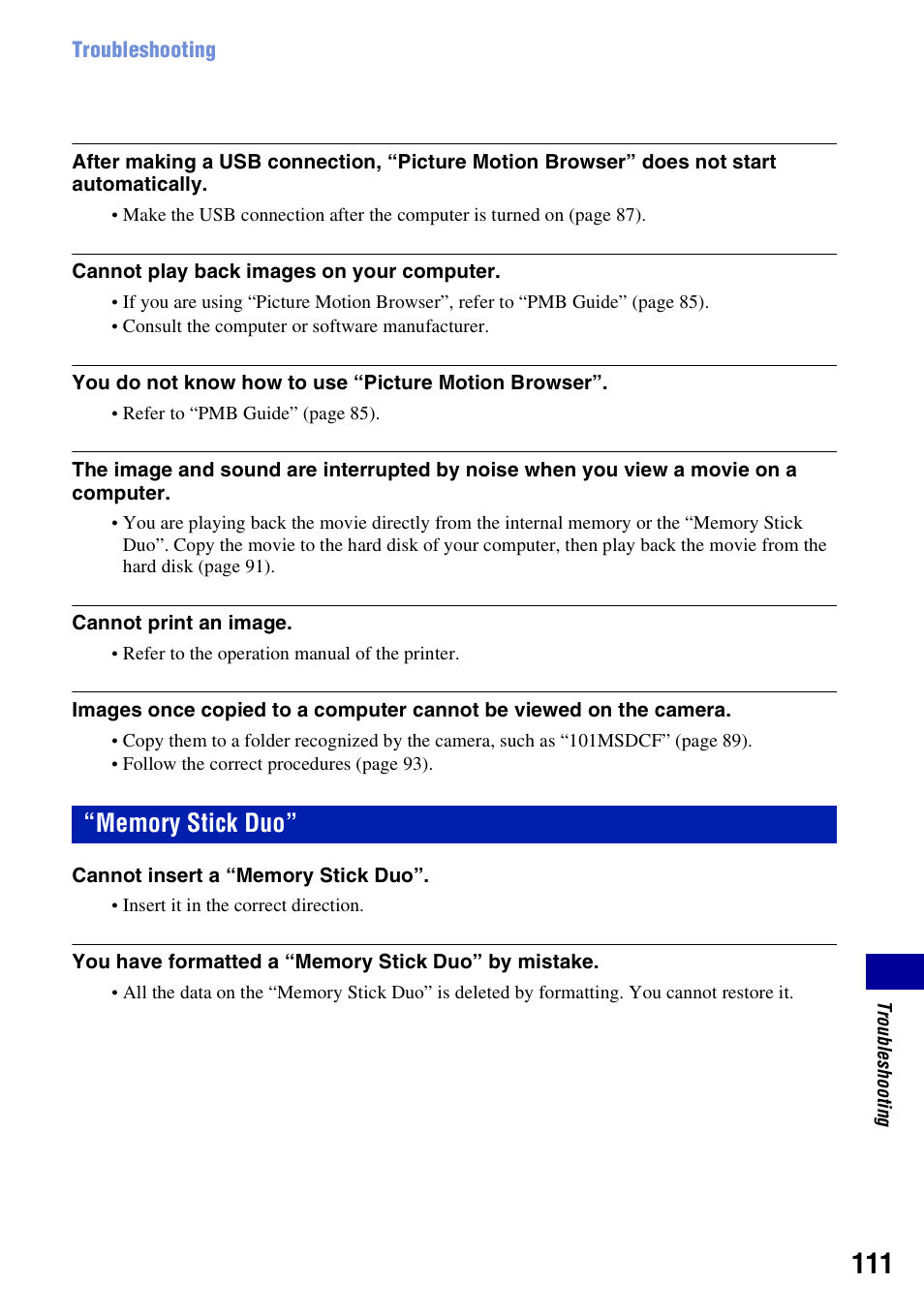 Memory stick duo | Sony DSC-W130 User Manual | Page 111 / 128