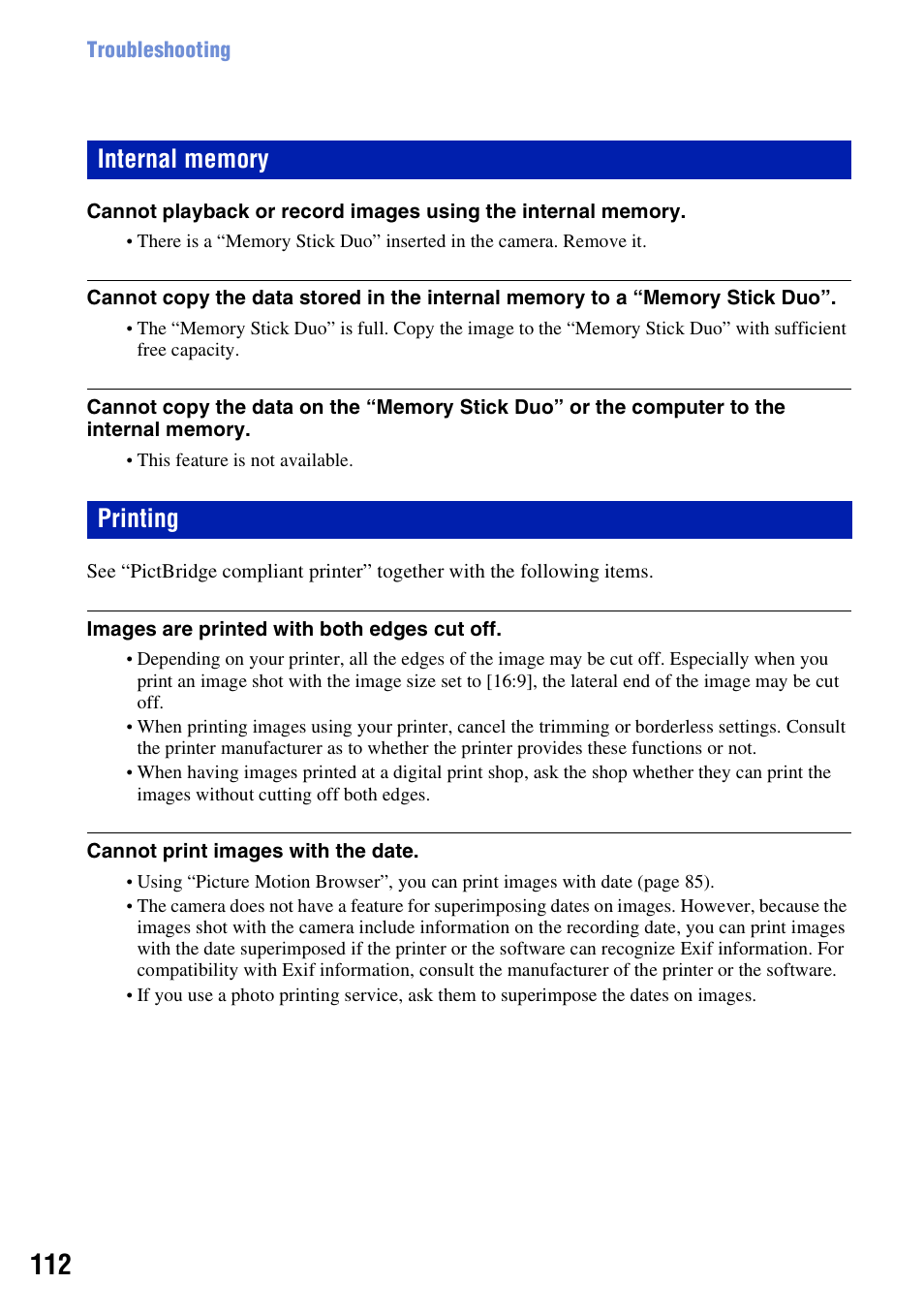 Internal memory, Printing | Sony DSC-W130 User Manual | Page 112 / 128