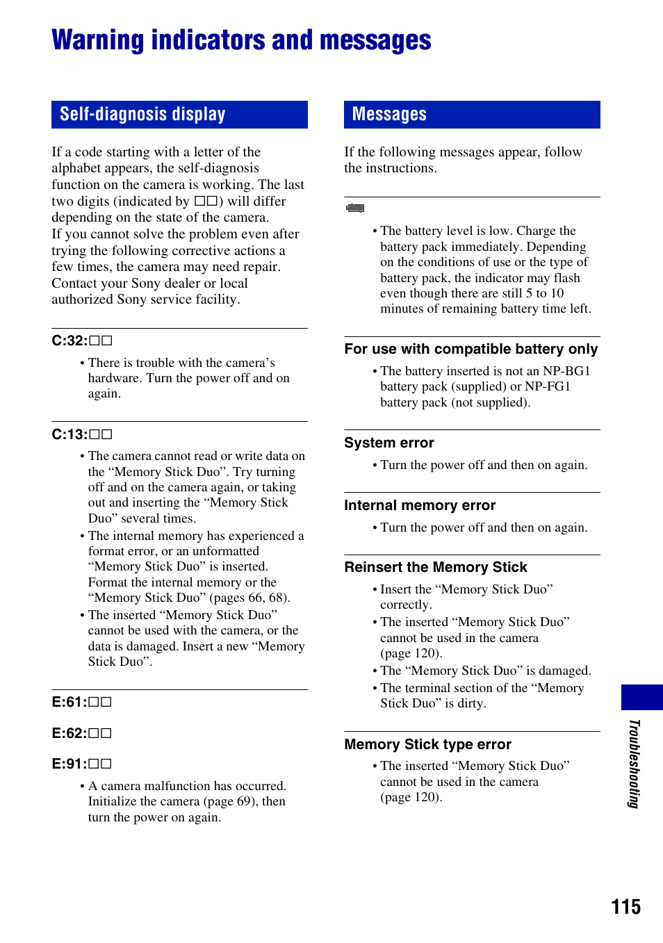 Warning indicators and messages, Ing (115), Ng (115) | Self-diagnosis display messages | Sony DSC-W130 User Manual | Page 115 / 128
