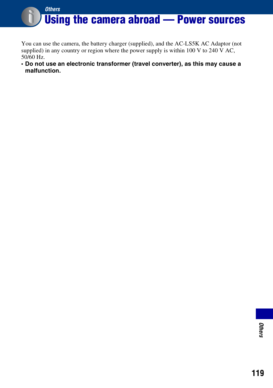 Others, Using the camera abroad - power sources, Using the camera abroad — power sources | Sony DSC-W130 User Manual | Page 119 / 128