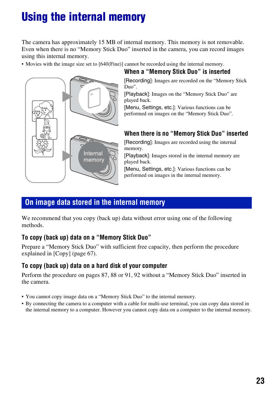 Using the internal memory | Sony DSC-W130 User Manual | Page 23 / 128